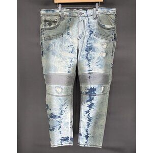 Rock Revival Men's Ayaan Biker Jeans 42x33 Blue Bleach Tie Dye Moto Streetwear
